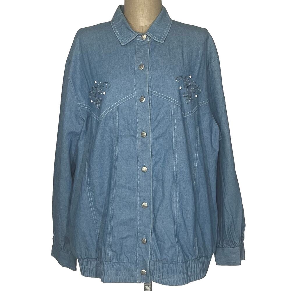 VTG Denim Embellished Shirt Jacket Women’s Plus Size 2X Blue Button Up Pockets